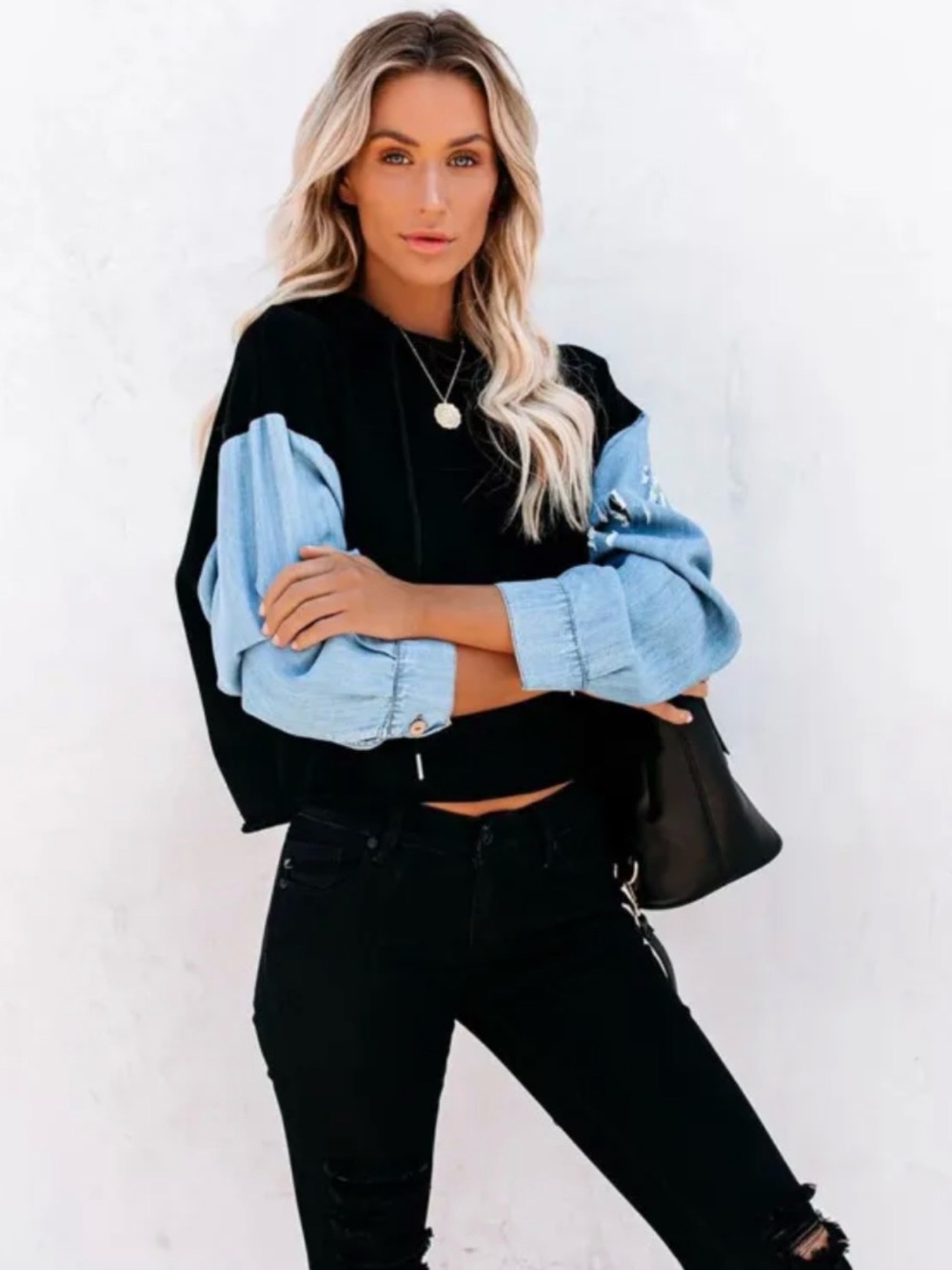 Black hooded Sweatshirt with Light Denim Balloon Sleeves